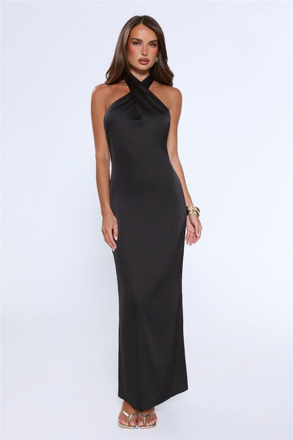 Outfit Energy Satin Halter Maxi Dress Black