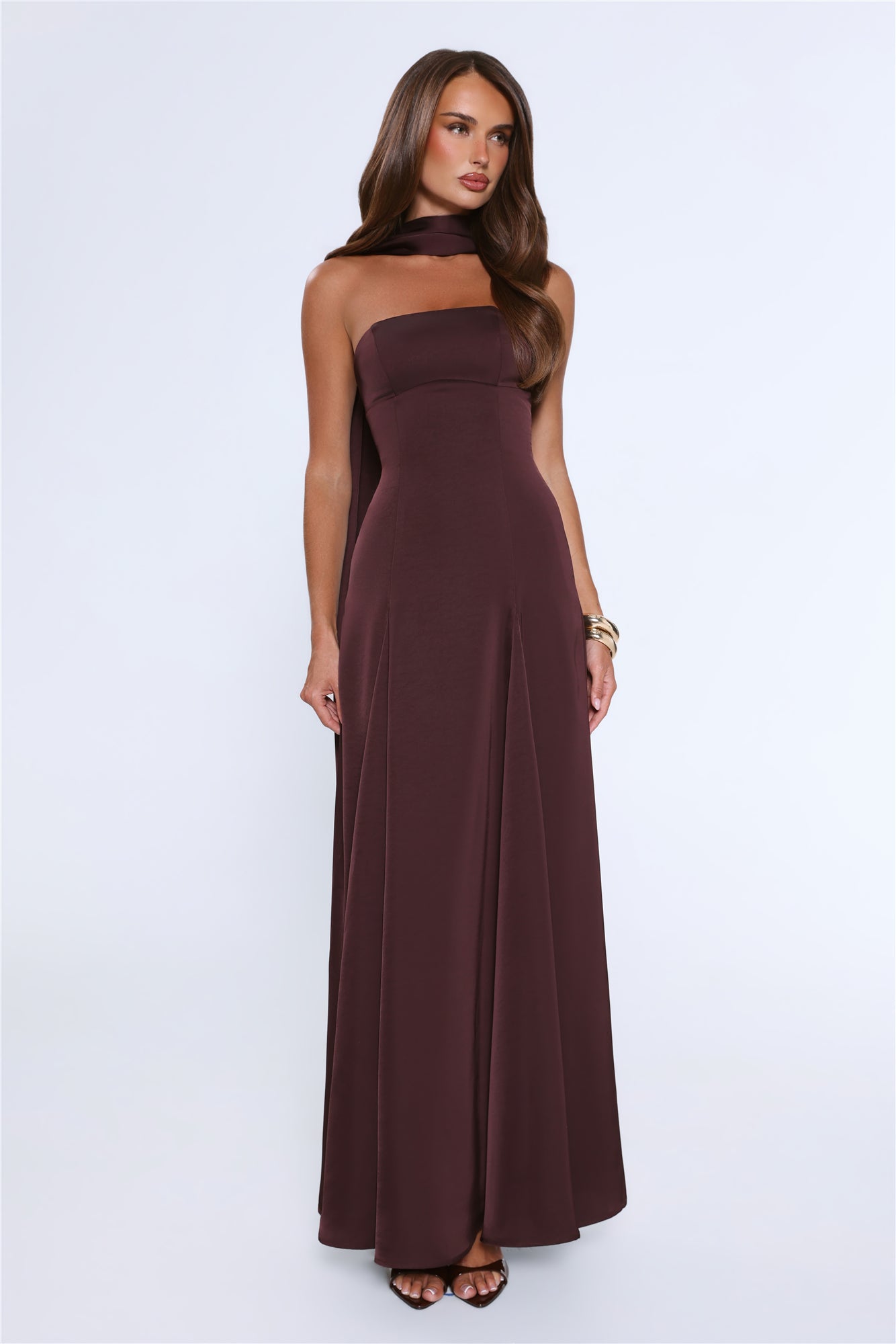 Satin Tempt Strapless Maxi Dress Chocolate