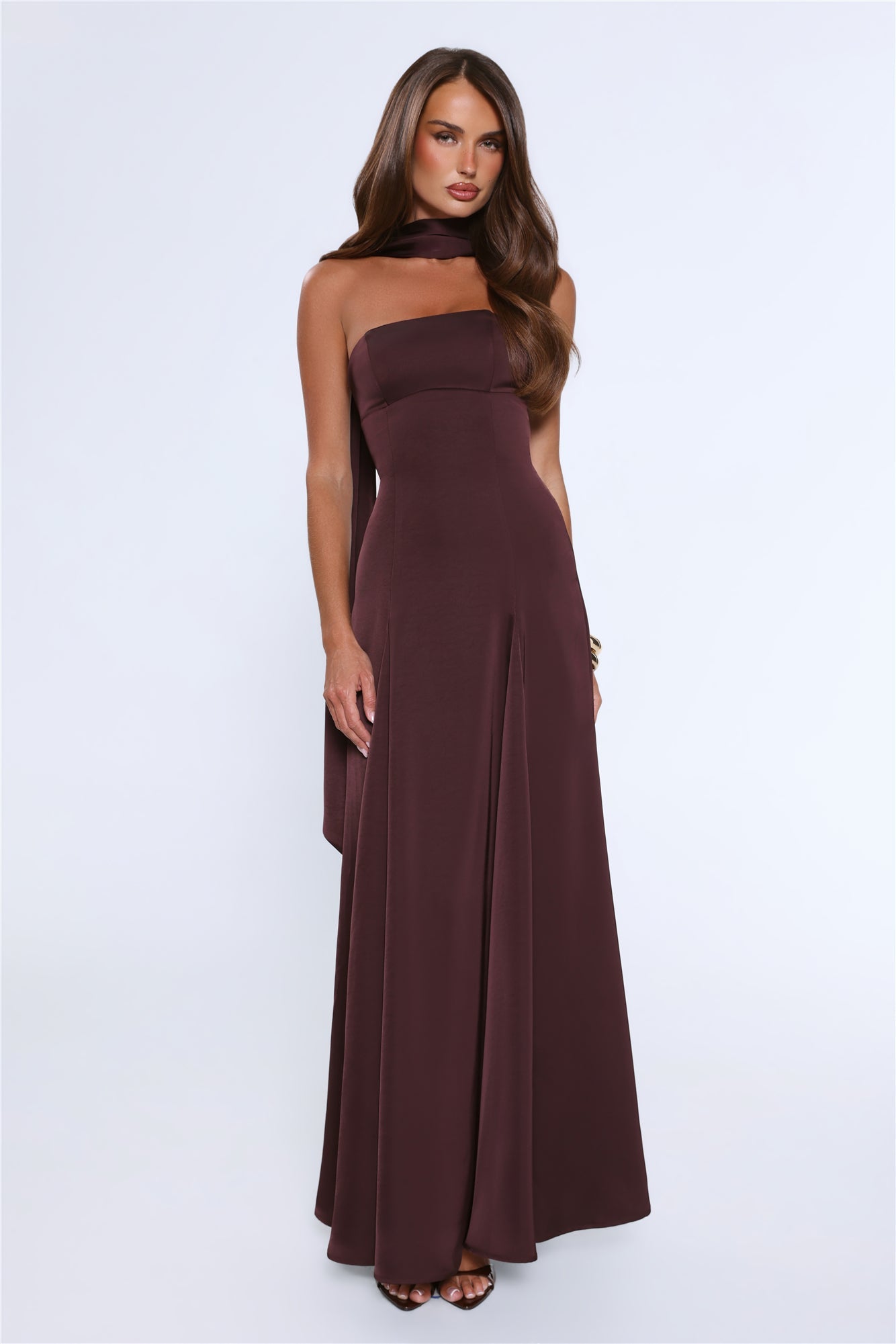 Satin Tempt Strapless Maxi Dress Chocolate