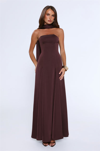 Satin Tempt Strapless Maxi Dress Chocolate