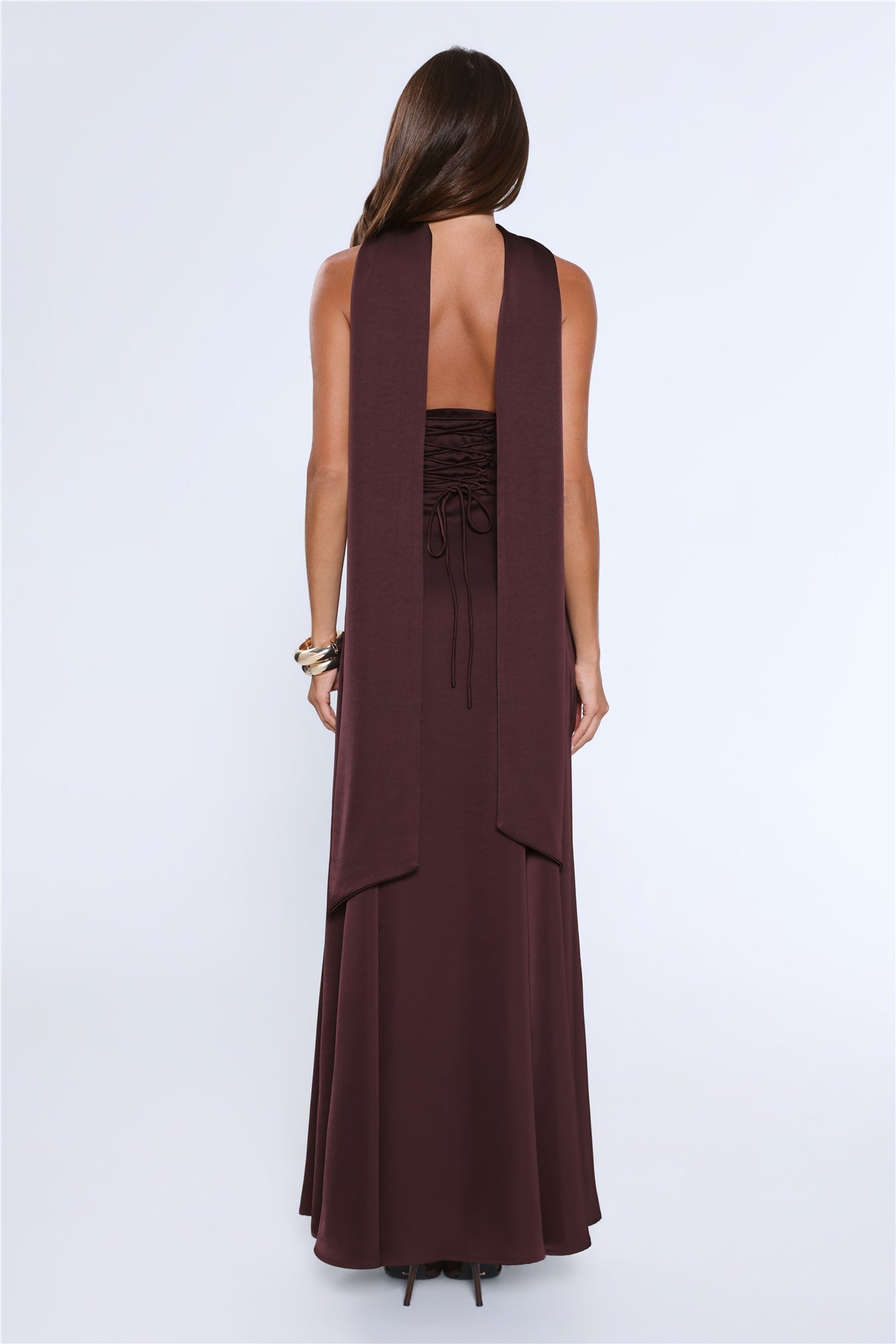 Satin Tempt Strapless Maxi Dress Chocolate