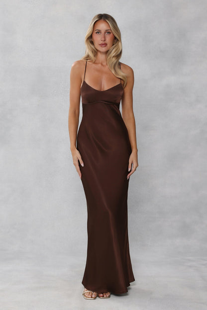 The Samara Satin Maxi Dress Chocolate Brown