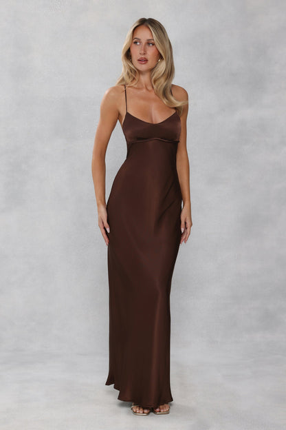 The Samara Satin Maxi Dress Chocolate Brown