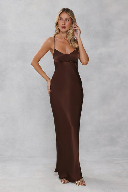 The Samara Satin Maxi Dress Chocolate Brown