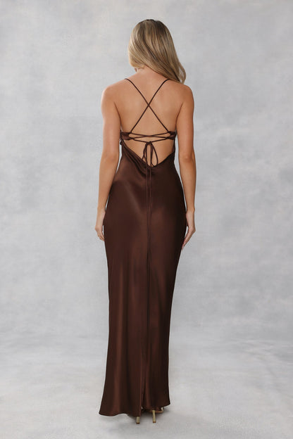 The Samara Satin Maxi Dress Chocolate Brown