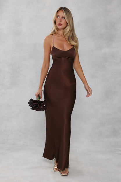 The Samara Satin Maxi Dress Chocolate Brown