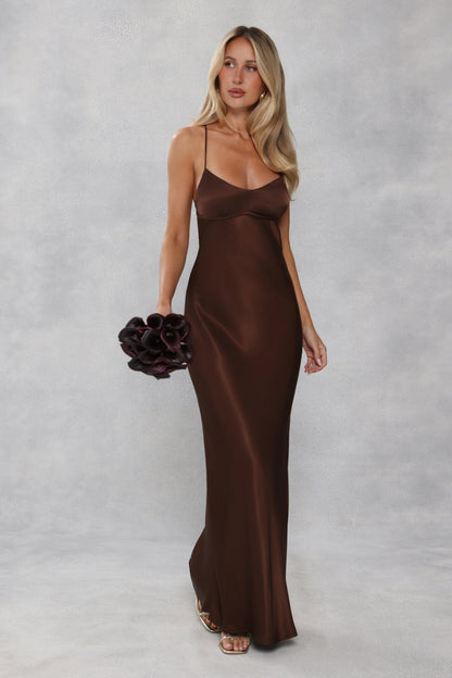 The Samara Satin Maxi Dress Chocolate Brown