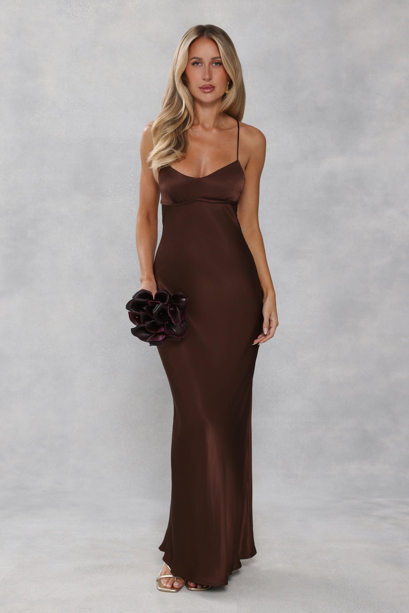 The Samara Satin Maxi Dress Chocolate Brown