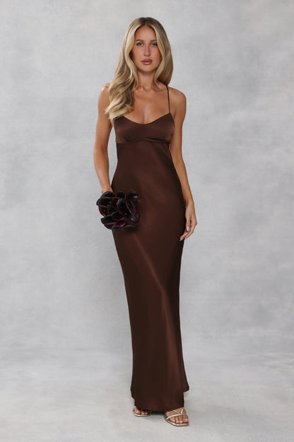 The Samara Satin Maxi Dress Chocolate Brown