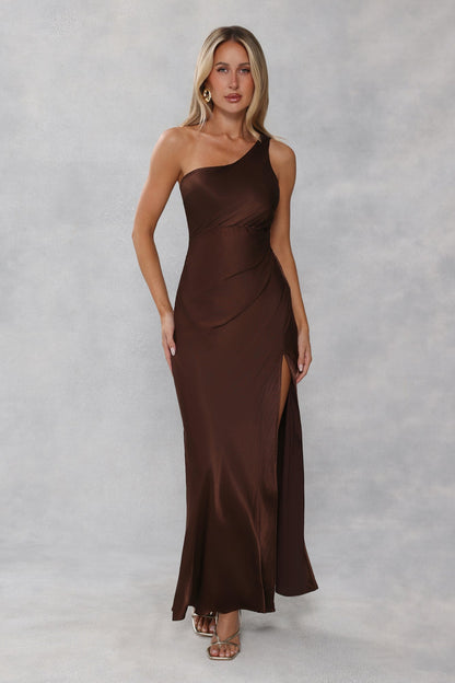 The Aurora One Shoulder Satin Maxi Dress Chocolate Brown