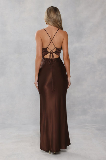 The Sophia Satin Maxi Dress Chocolate Brown