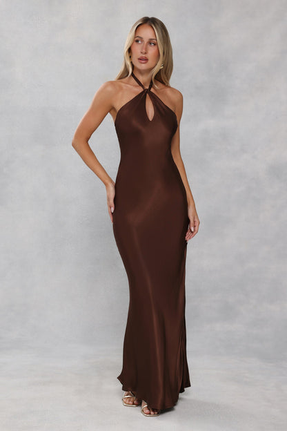 The Delilah Satin Halter Maxi Dress Chocolate Brown