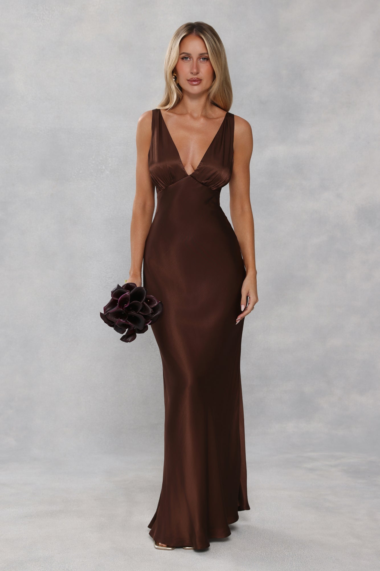 The Isabeau Satin Maxi Dress Chocolate Brown
