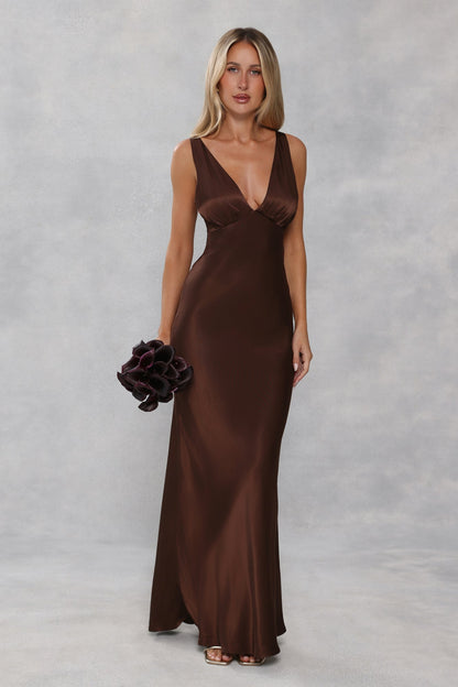 The Isabeau Satin Maxi Dress Chocolate Brown