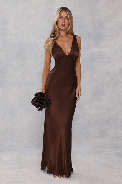 The Isabeau Satin Maxi Dress Chocolate Brown