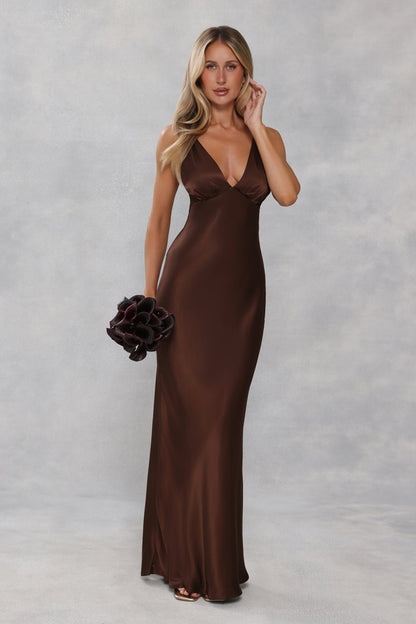 The Isabeau Satin Maxi Dress Chocolate Brown