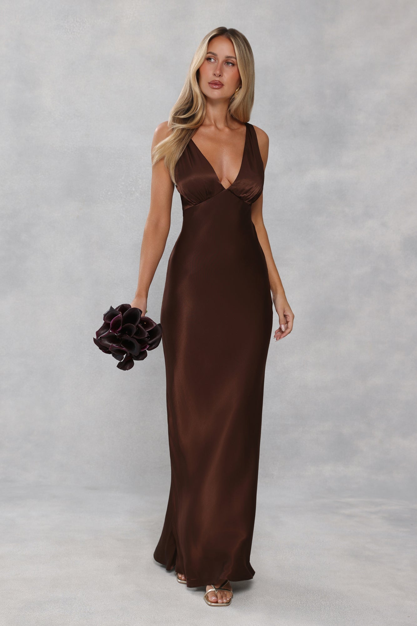 The Isabeau Satin Maxi Dress Chocolate Brown
