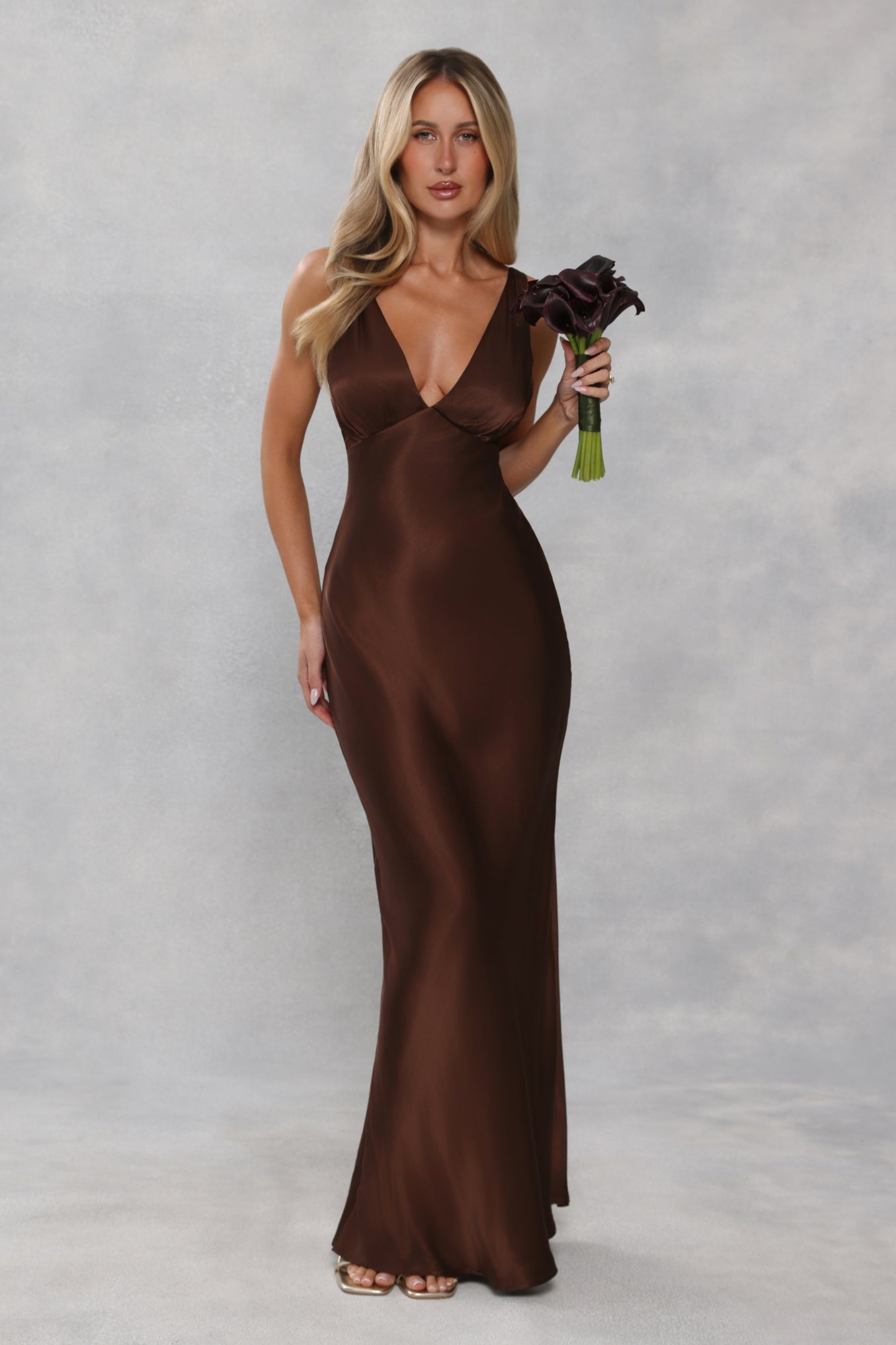 The Isabeau Satin Maxi Dress Chocolate Brown