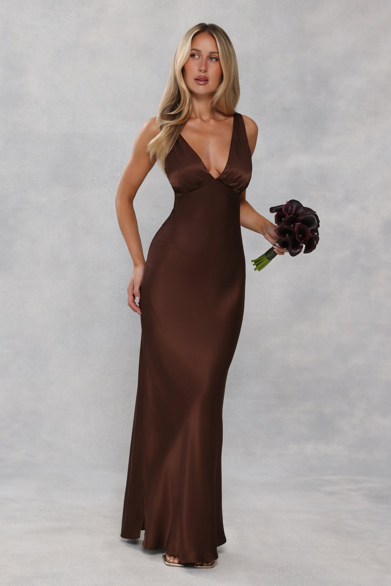 The Isabeau Satin Maxi Dress Chocolate Brown
