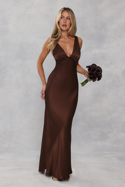 The Isabeau Satin Maxi Dress Chocolate Brown