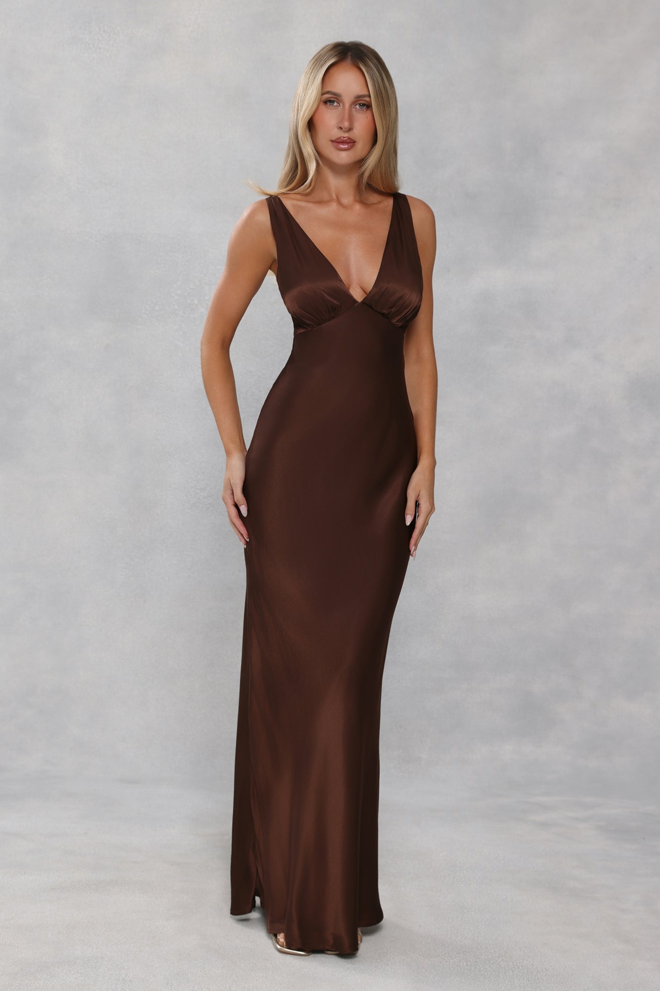 The Isabeau Satin Maxi Dress Chocolate Brown