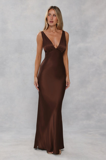 The Isabeau Satin Maxi Dress Chocolate Brown
