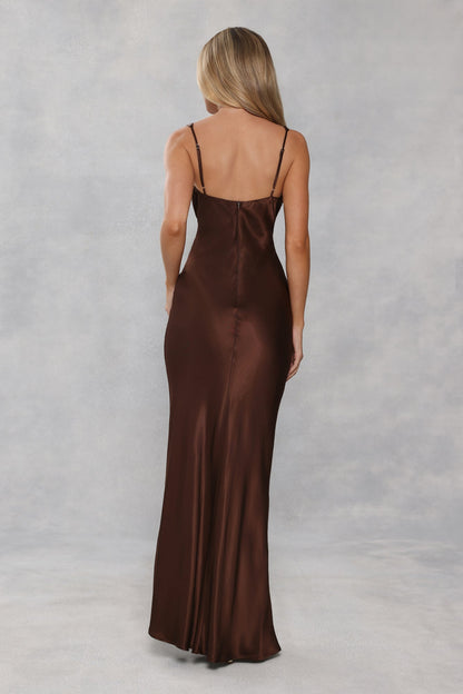 The Isabeau Satin Maxi Dress Chocolate Brown