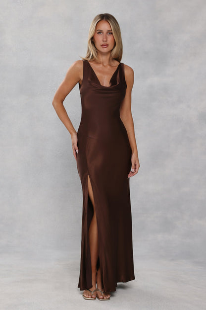 The Loretta Cowl Satin Maxi Dress Chocolate Brown