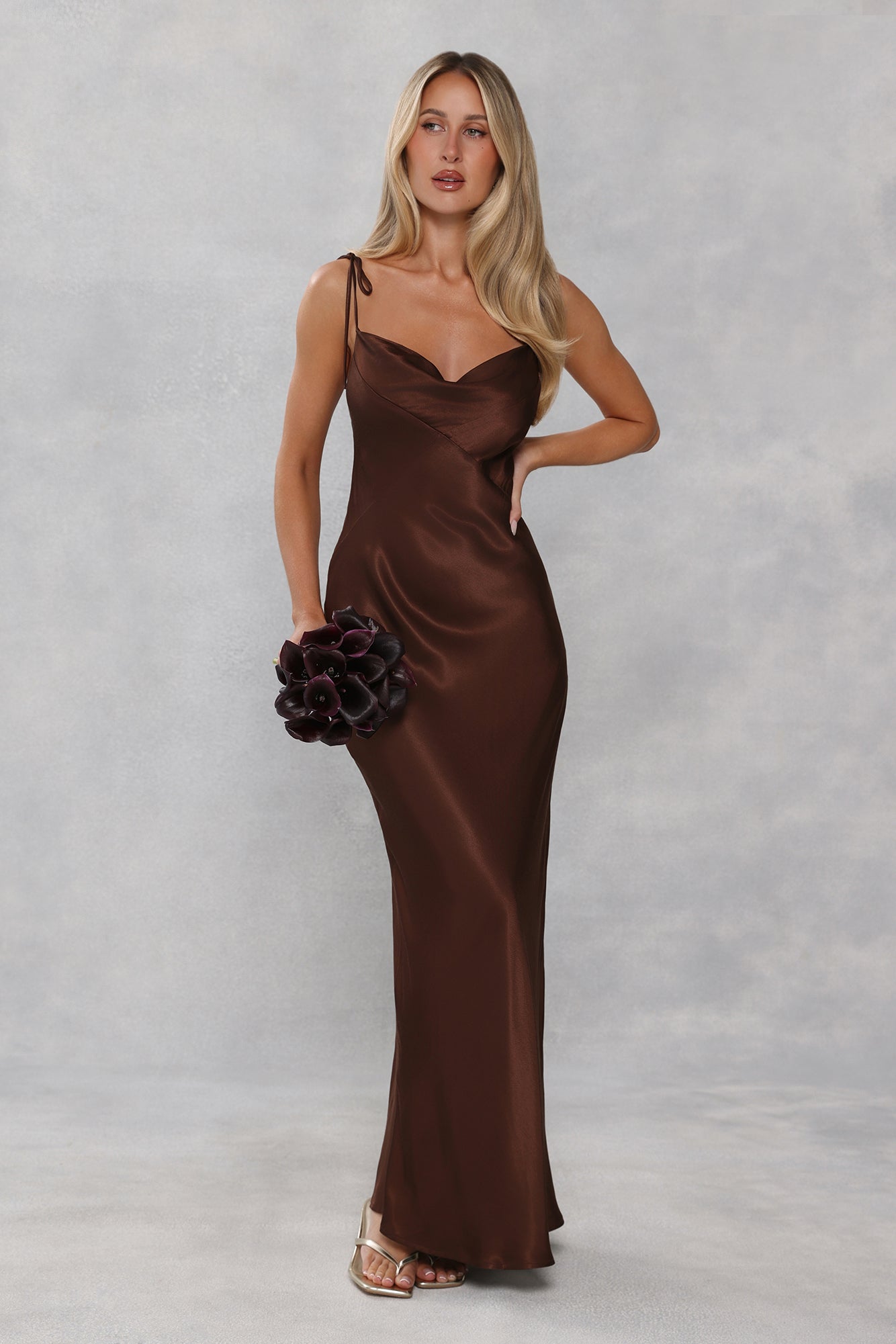 The Penelope Cowl Satin Maxi Dress Chocolate Brown
