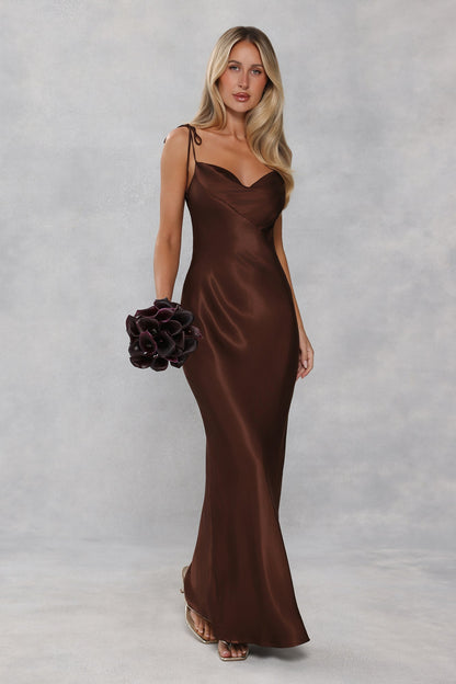 The Penelope Cowl Satin Maxi Dress Chocolate Brown