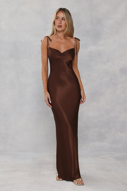 The Penelope Cowl Satin Maxi Dress Chocolate Brown