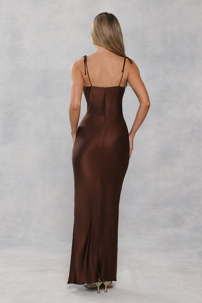 The Penelope Cowl Satin Maxi Dress Chocolate Brown