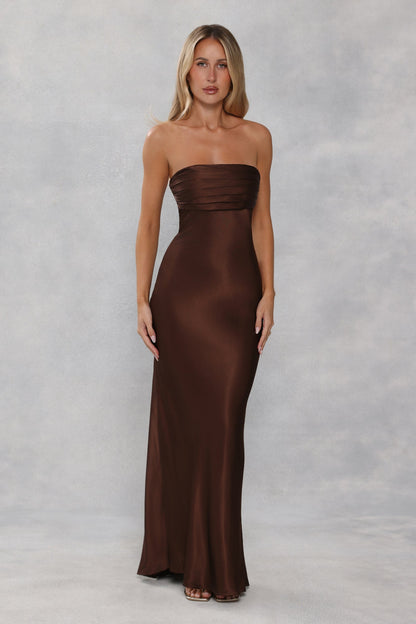 The Seraphina Strapless Satin Maxi Dress Chocolate Brown
