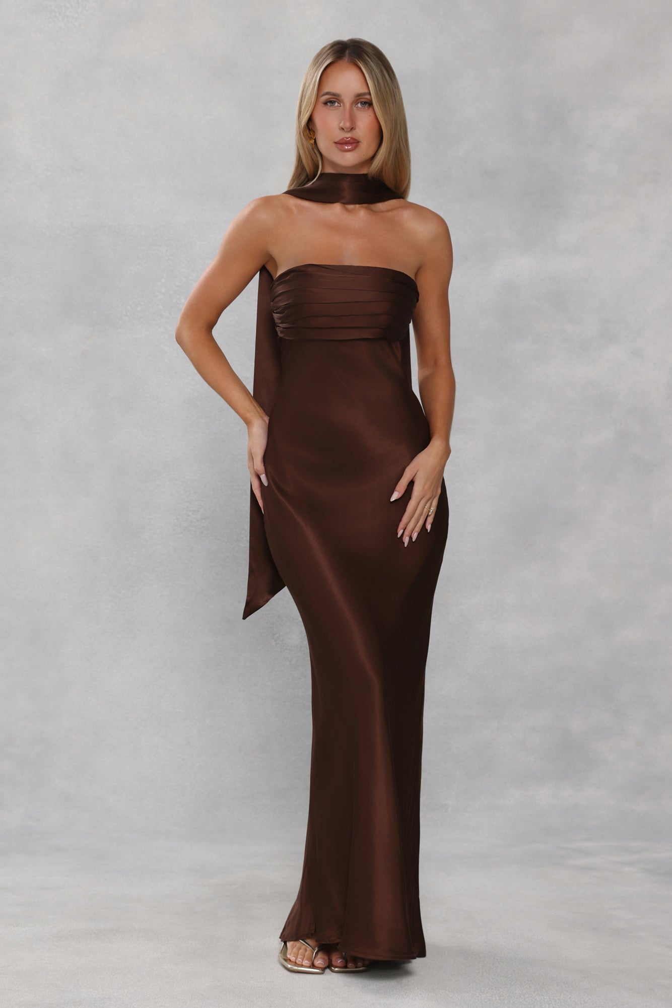 The Seraphina Strapless Satin Maxi Dress Chocolate Brown