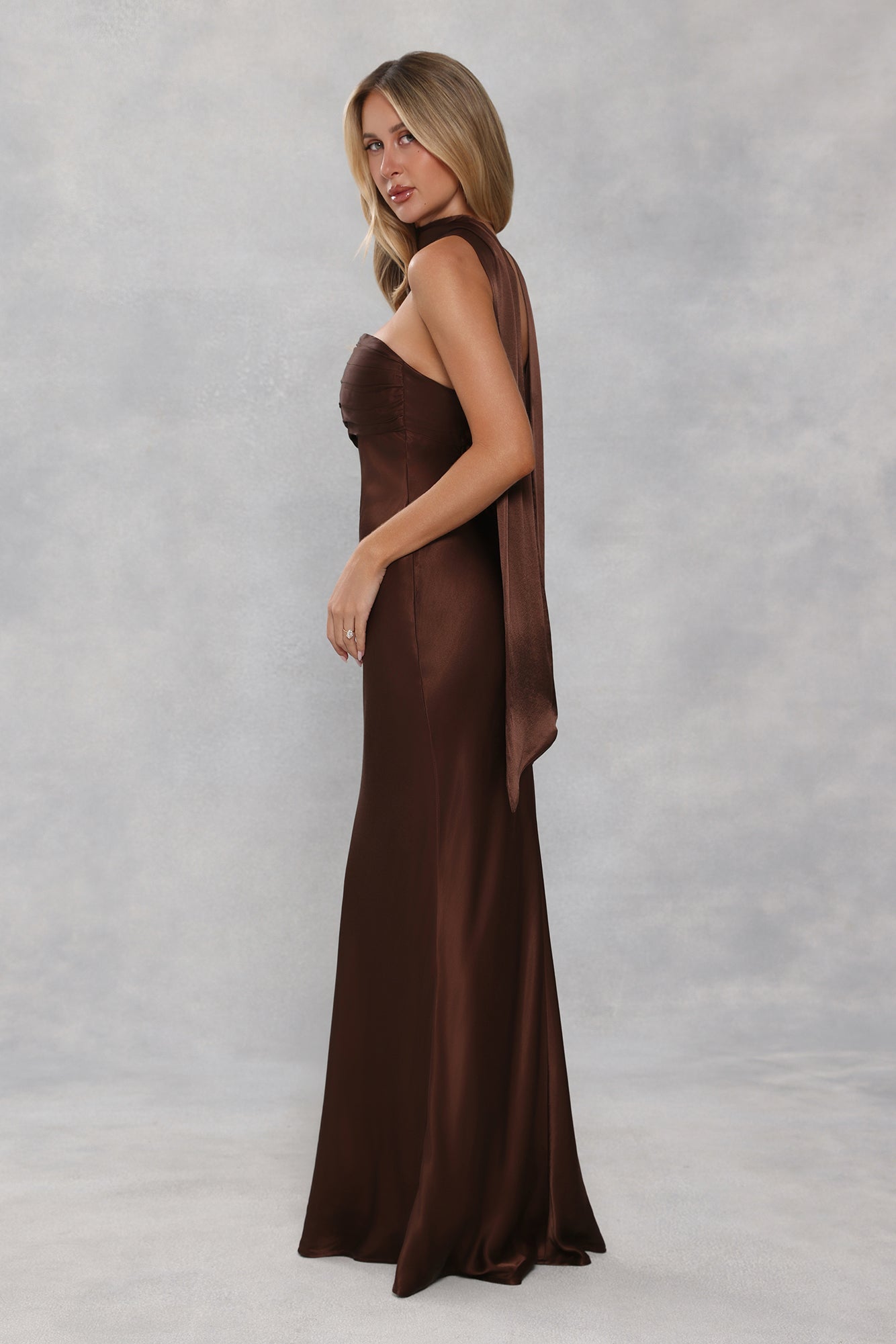 The Seraphina Strapless Satin Maxi Dress Chocolate Brown