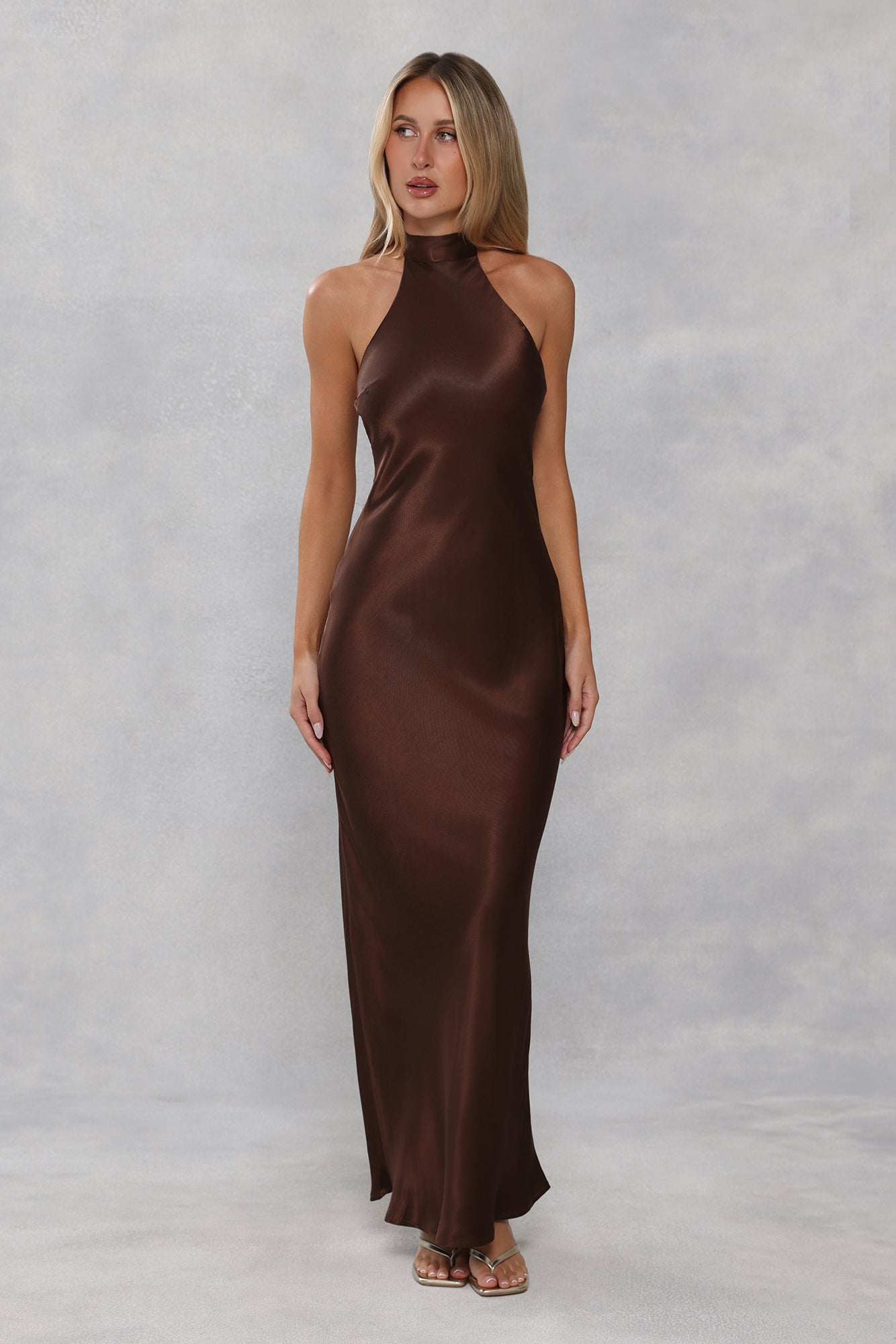 The Cleo Halter Satin Maxi Dress Chocolate Brown