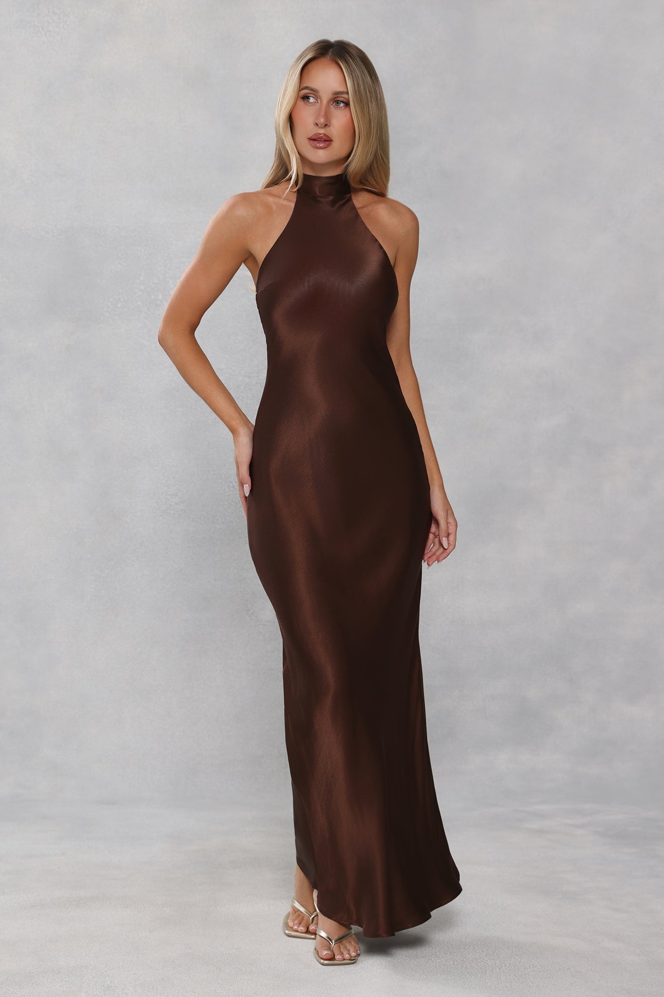 The Cleo Halter Satin Maxi Dress Chocolate Brown