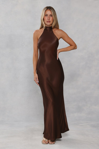 The Cleo Halter Satin Maxi Dress Chocolate Brown