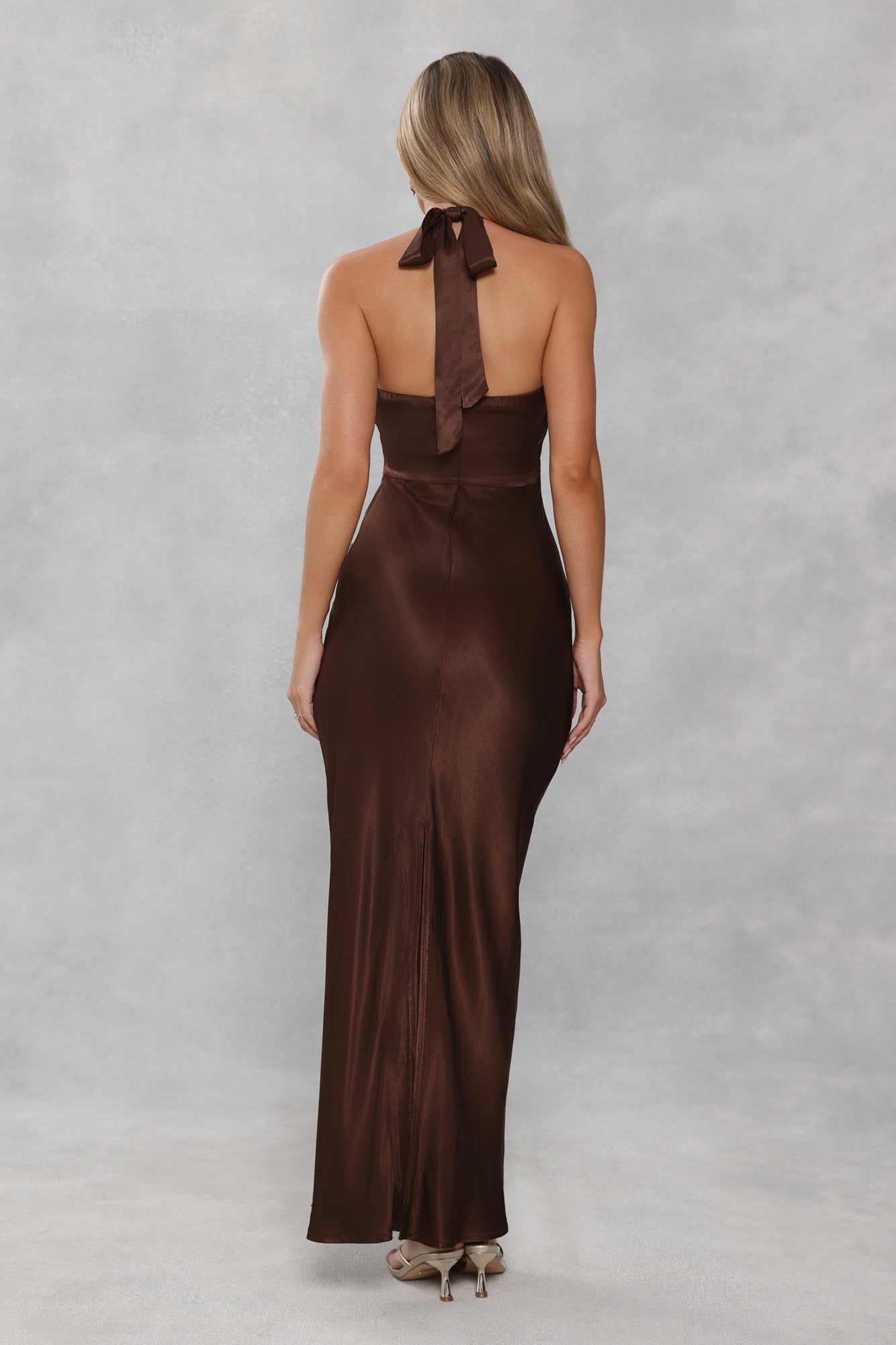 The Cleo Halter Satin Maxi Dress Chocolate Brown