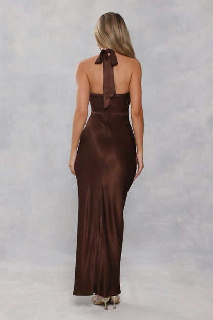The Cleo Halter Satin Maxi Dress Chocolate Brown