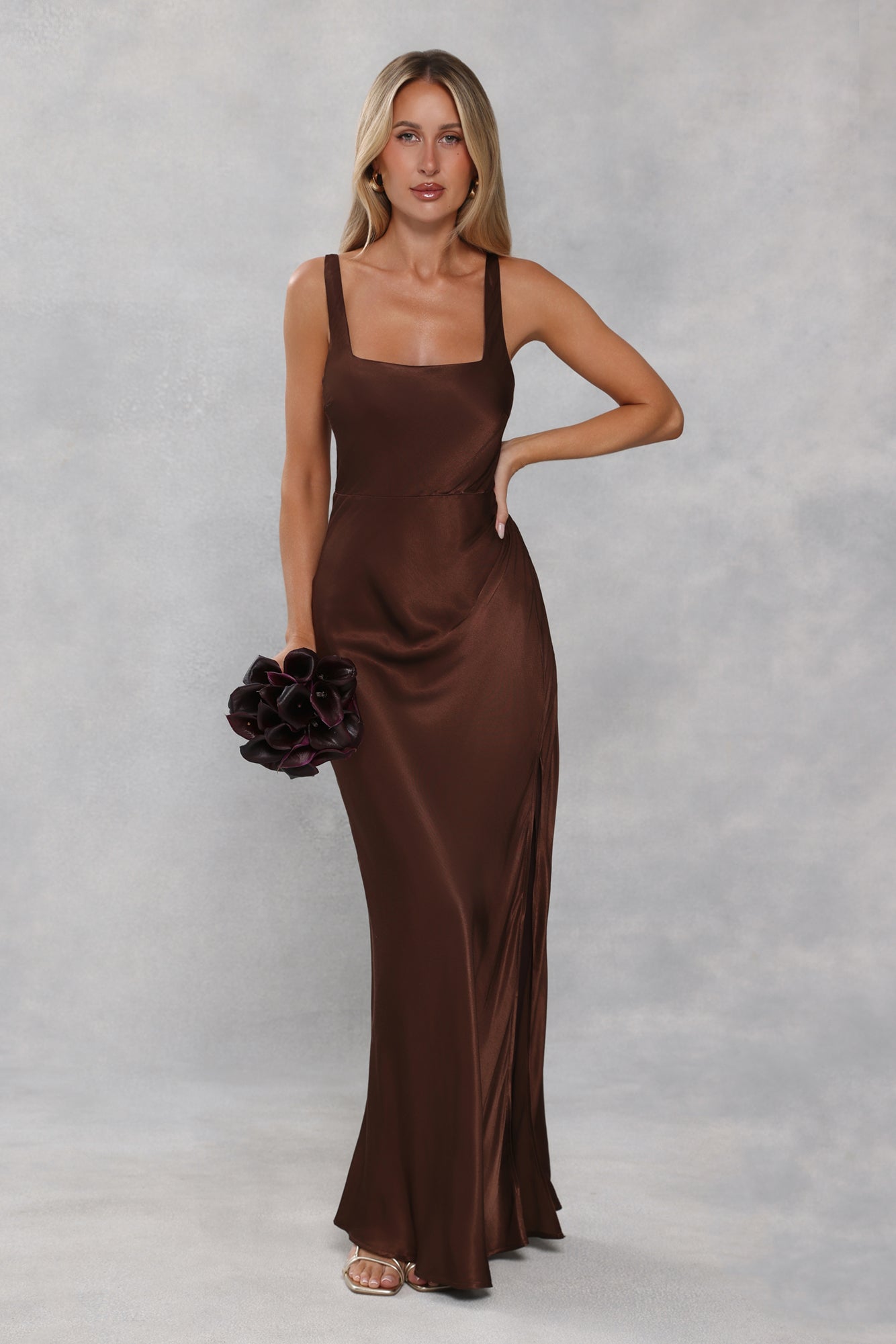 The Evelina Satin Maxi Dress Chocolate Brown