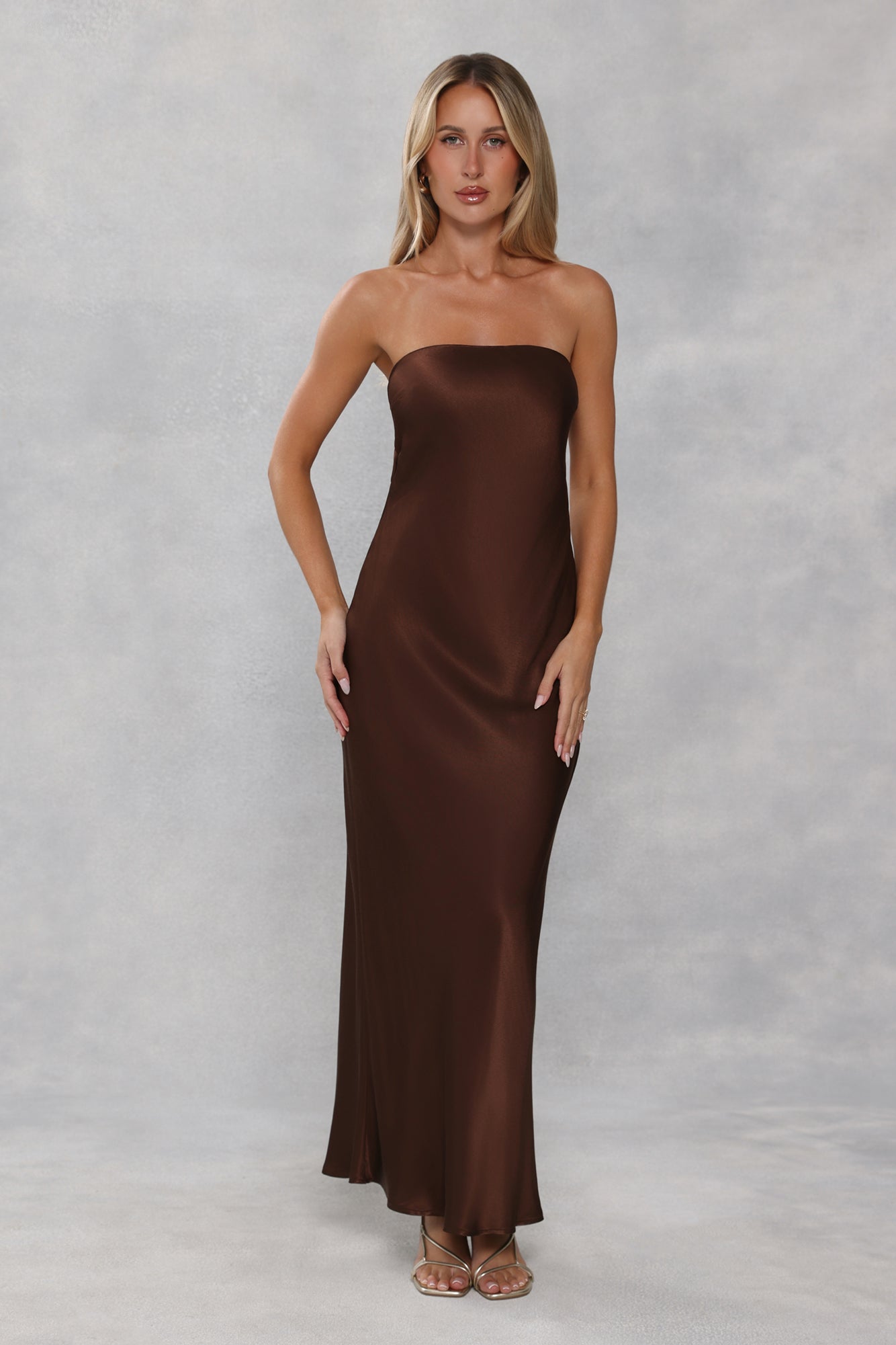 The Felicity Strapless Satin Maxi Dress Chocolate Brown