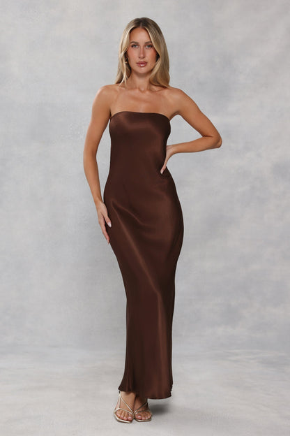 The Felicity Strapless Satin Maxi Dress Chocolate Brown