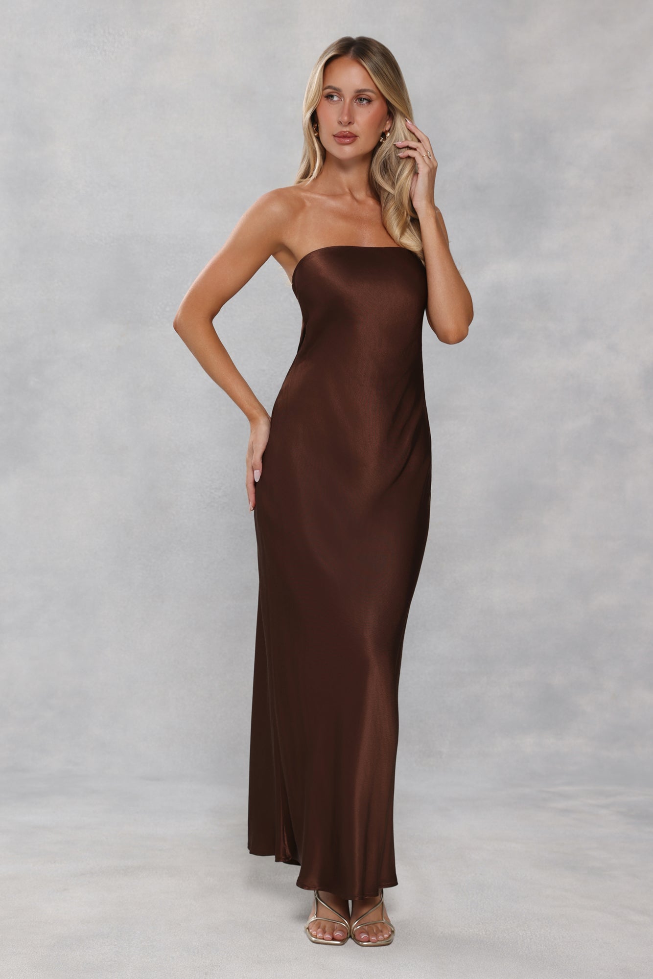 The Felicity Strapless Satin Maxi Dress Chocolate Brown