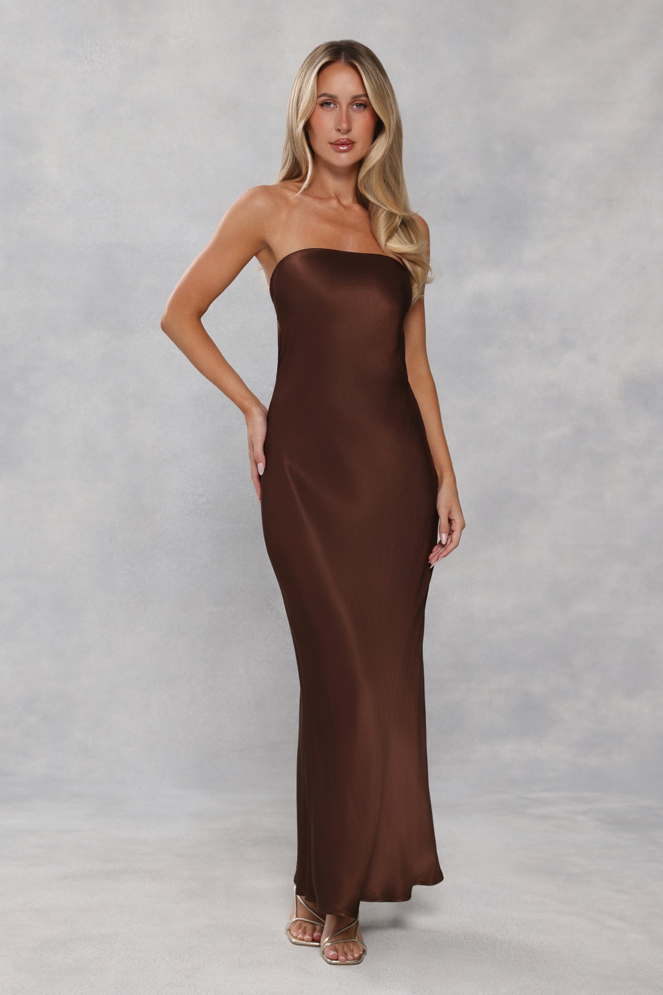 The Felicity Strapless Satin Maxi Dress Chocolate Brown