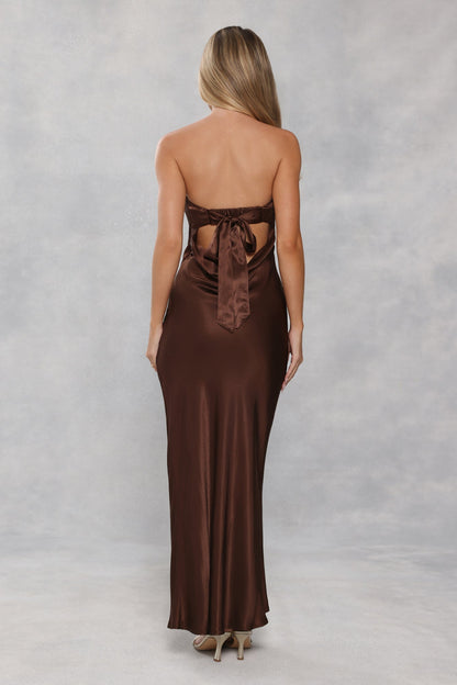 The Felicity Strapless Satin Maxi Dress Chocolate Brown