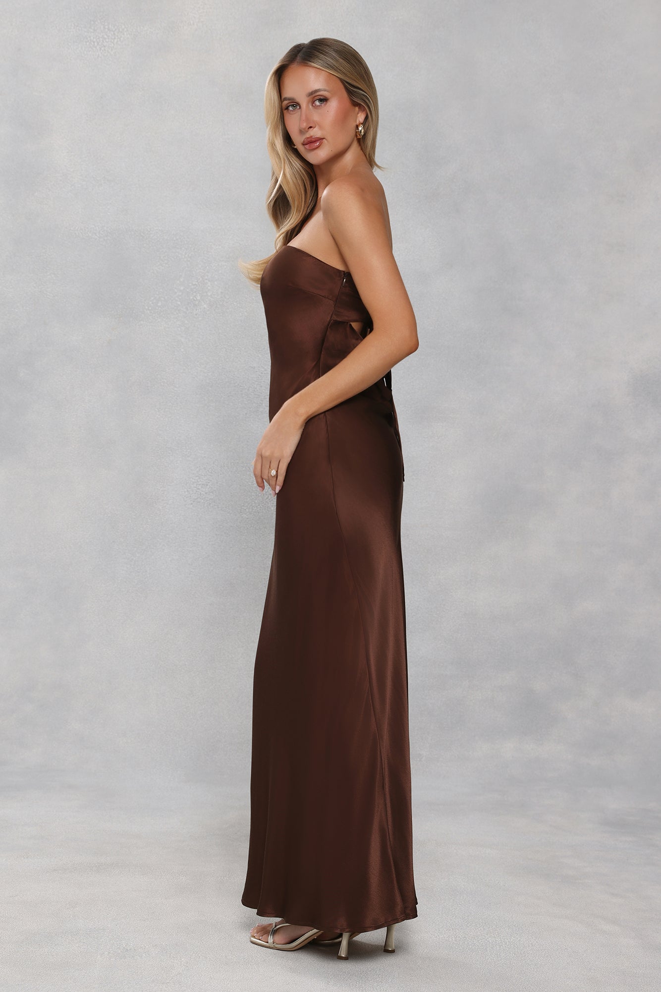 The Felicity Strapless Satin Maxi Dress Chocolate Brown
