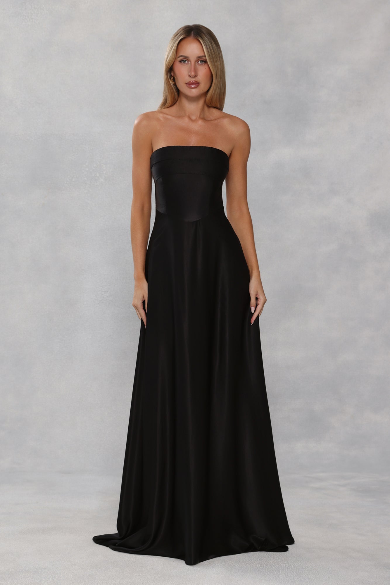 The Serina Strapless Satin Maxi Dress Black