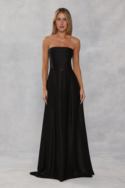 The Serina Strapless Satin Maxi Dress Black