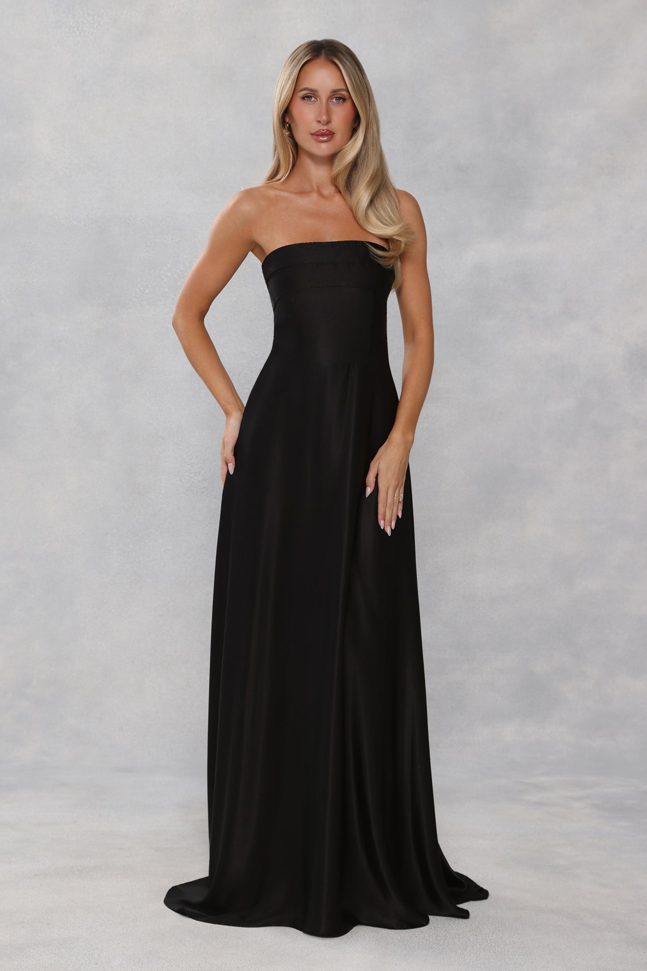 The Serina Strapless Satin Maxi Dress Black